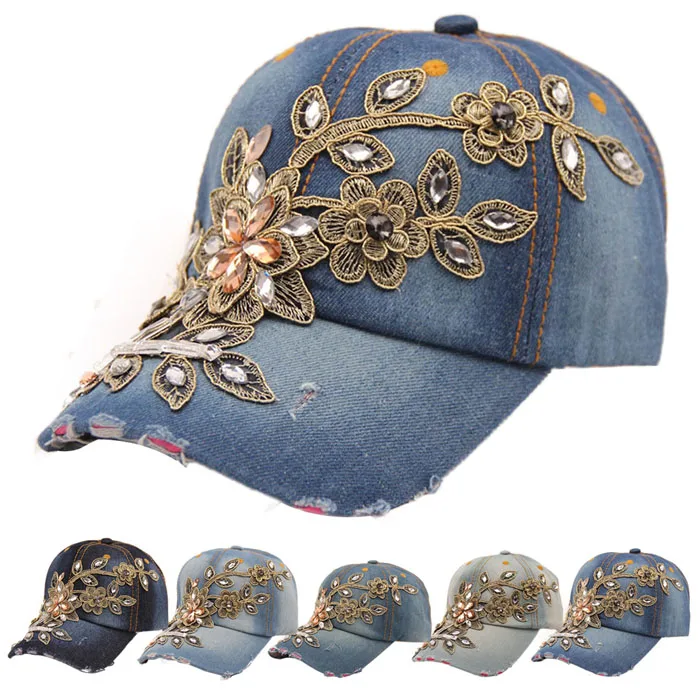Новая шляпа Для женщин Diamond Flower Демин Бейсбол Кепки Летний стиль леди джинсы Шапки Femme Se5GBY