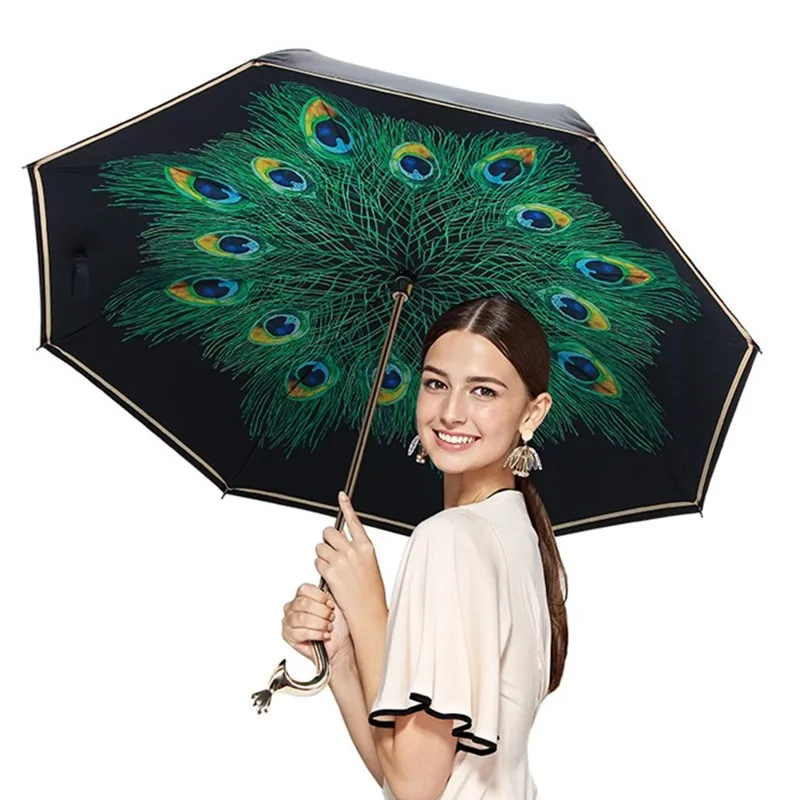 Элегантный Павлин обратный зонтик для женщин с длинной ручкой черное покрытие зонтик Parapluie обратный ветрозащитный Parapluie Pliant для мужчин