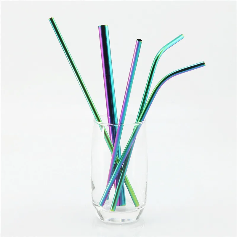 8pcs Reusable Colorful Stainless Steel Drinking Straw High Quality Straight Bent Metal Straw with Cleaning Brush and Storage Bag