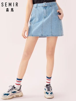 

SEMIR Women A-line Denim Skirt with Detachable Buckle Strap 100% Soft Cotton Women's Mini Skirt with Side Pocket for Spring