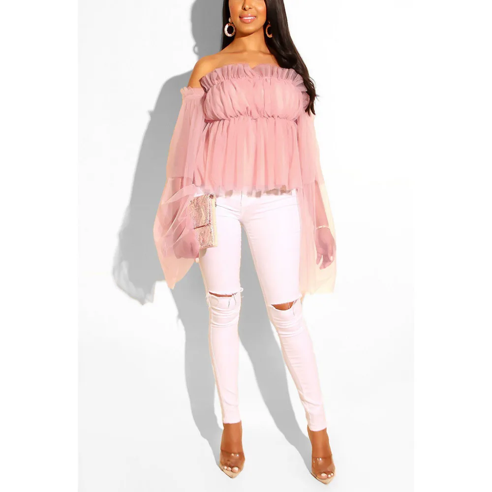 

Blouse Women Solid Chiffon Blouse Ladies Summer Mesh Long Sleeve Blouson Moto Blouse Femme One Word Collar Casual Tops Kimono