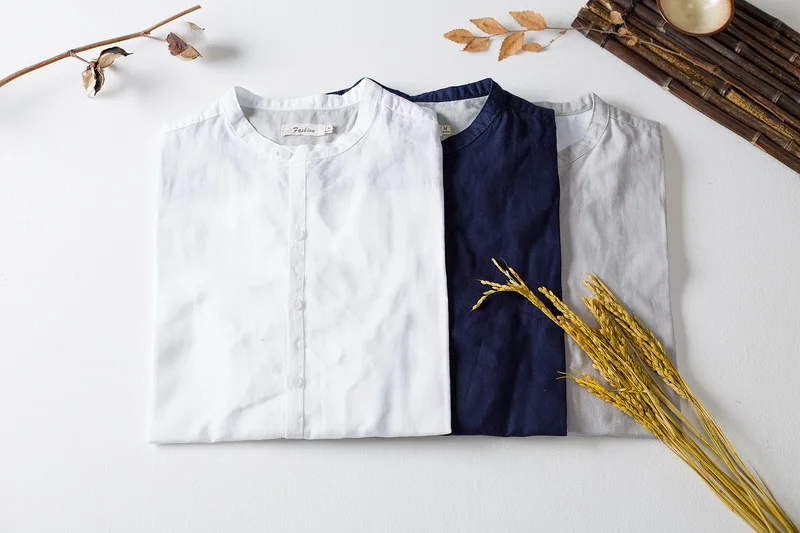 Осенне-весенняя футболка с длинными рукавами мужские Лен однотонные модные Стенд воротник рубашки мужские большие размеры M-4XL рубашки