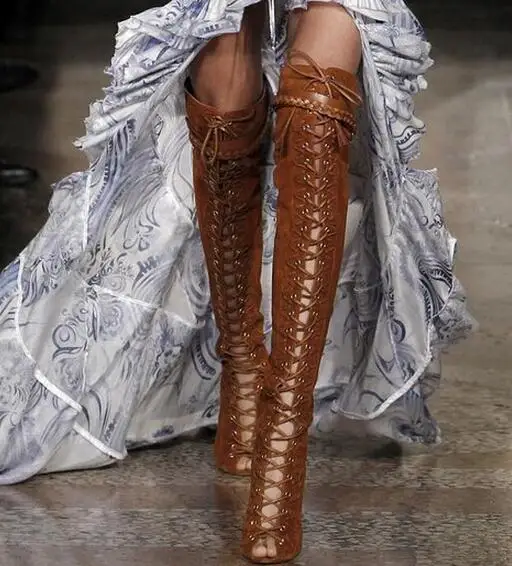 Botas altas hasta el muslo con cordones para mujer, botines de ante y piel  de serpiente, tacón de aguja por encima de la rodilla, color marrón|thigh  high boots|knee bootsover knee boots -