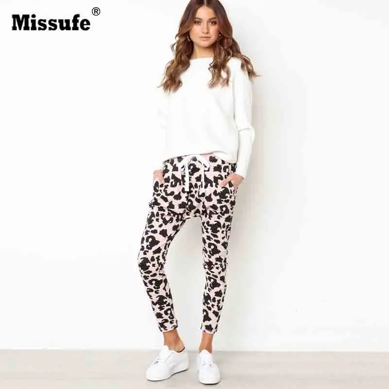 

Missufe Casual Leopard Print Long Pants Women Drawstring Elastic Waist Trousers Femme Pocket Autumn Workout Sporty Pencil Pants