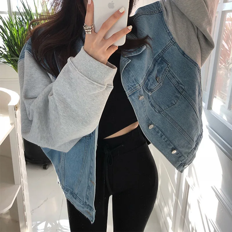 

Solid Turn-down Collar Loose Casual Short Denim Jacket Woman Basic Outerwear Coat Top Base Blue Fashionable Denim Feminine XM157