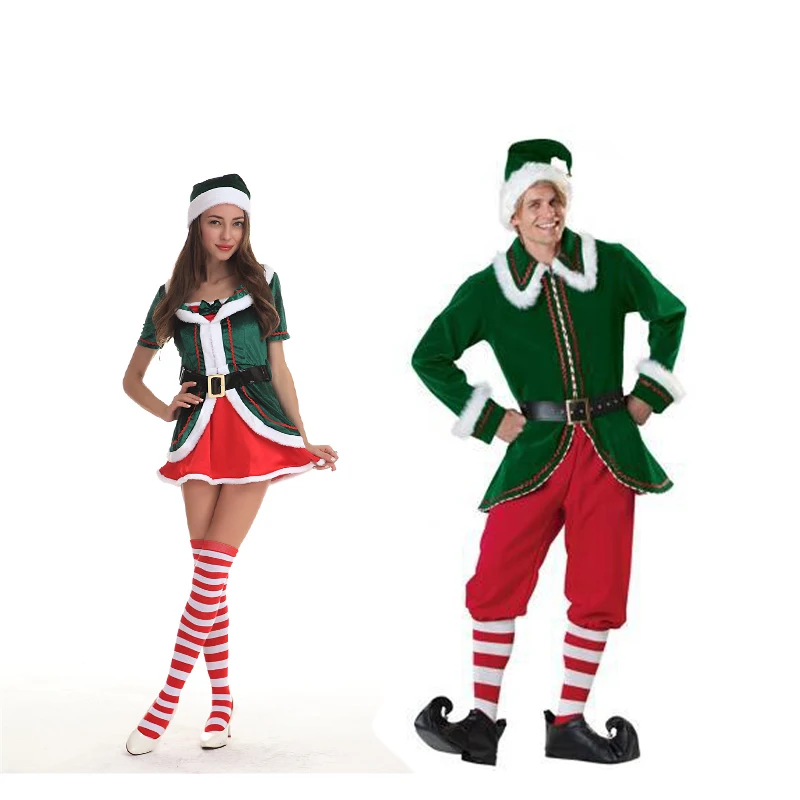 Hot Girls Boys Christmas Elf Family Costume Role Playing Outfit Green Santa Claus Party Performance Fancy Clothing For Men Women