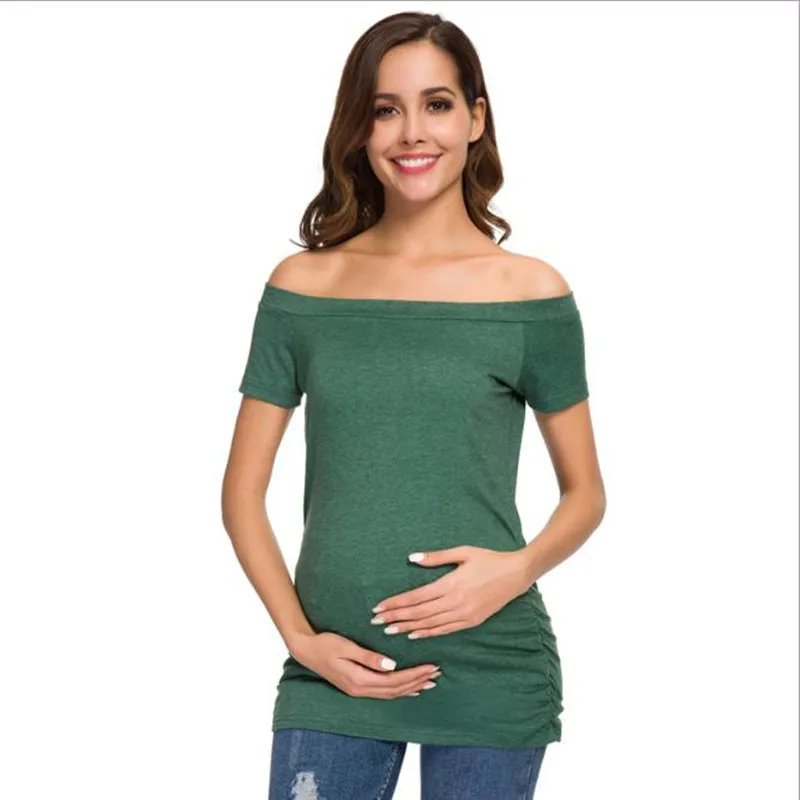 

2019 new women's solid color Tee maternity short-sleeved shirt pregnancy side folds T-shirt pregnant women summer clothes