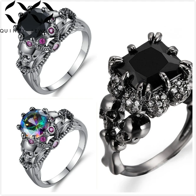 

Quinby Punk Rings For Women Crystal Ring Halloween Vampire Bridal Party Ring Wedding Gothic Skull Skeleton Ring Girl Jewelry Q5