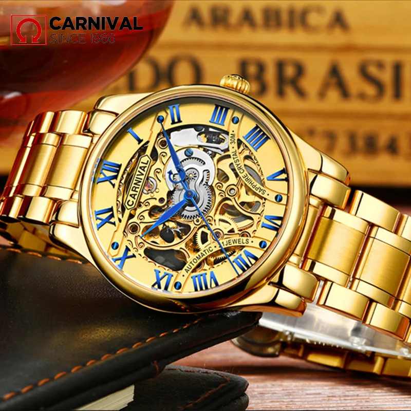 Carnival Relogio Masculino Wrist Watch Golden Men Automatic Hollow Transparent Mechanical Male Steel Band Watches Casual Clock | Наручные