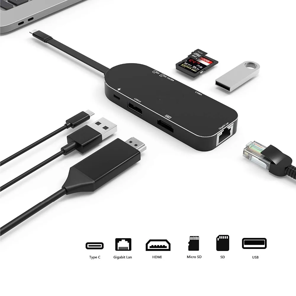 

7in1 USB C HUB Thunderbolt 3 Type C Adapter Dock Dongle with 4K HDMI Gigabit Ethernet SD TF Card Reader for MacBook pro USB-C