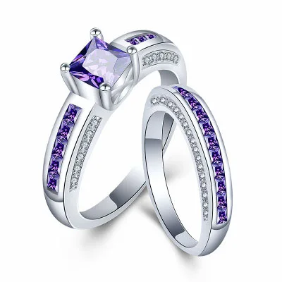 Fashion Wedding Ring For Lovers SILVER Color Crystal CZ Couple Rings Set Men Women Engagement White Violet Color Accessories R10