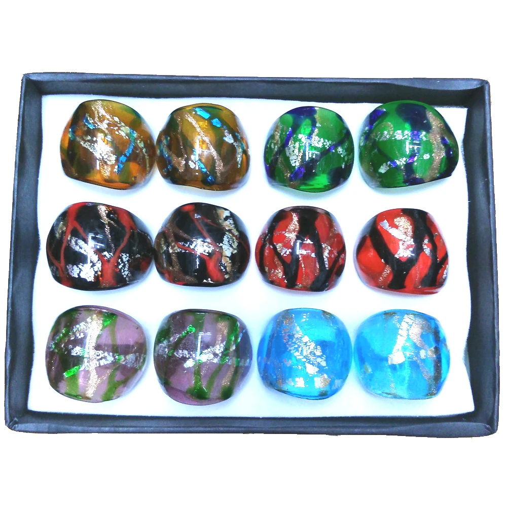 

Handmade All Glass Work, Finger Rings Inlay With Silver And Other Colors Wavy Lines 12pcs/lot