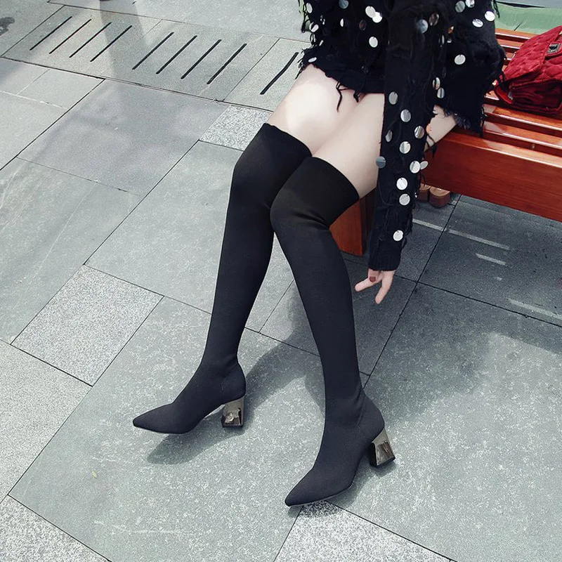 

Elastic Knitting Stocking Over The Knee Boots Women Autumn Winter Pointed Toe Thick High Heels Shoes Female Thigh High Boots