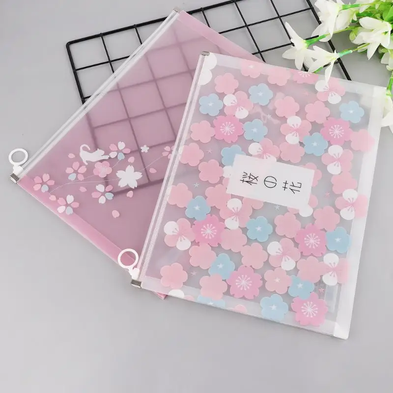 

1Pc Japanese Cherry Girl Cartoon Print File Bag Plastic Zippered Folder Envelopes Clear Pouch Envelopes File Document Holder C26