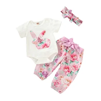 

Baby Girls Sets Children Clothing Short-sleeved Rabbit Patch Embroidered Clothes + Printed Trousers + Hair Band Three-pieces Set