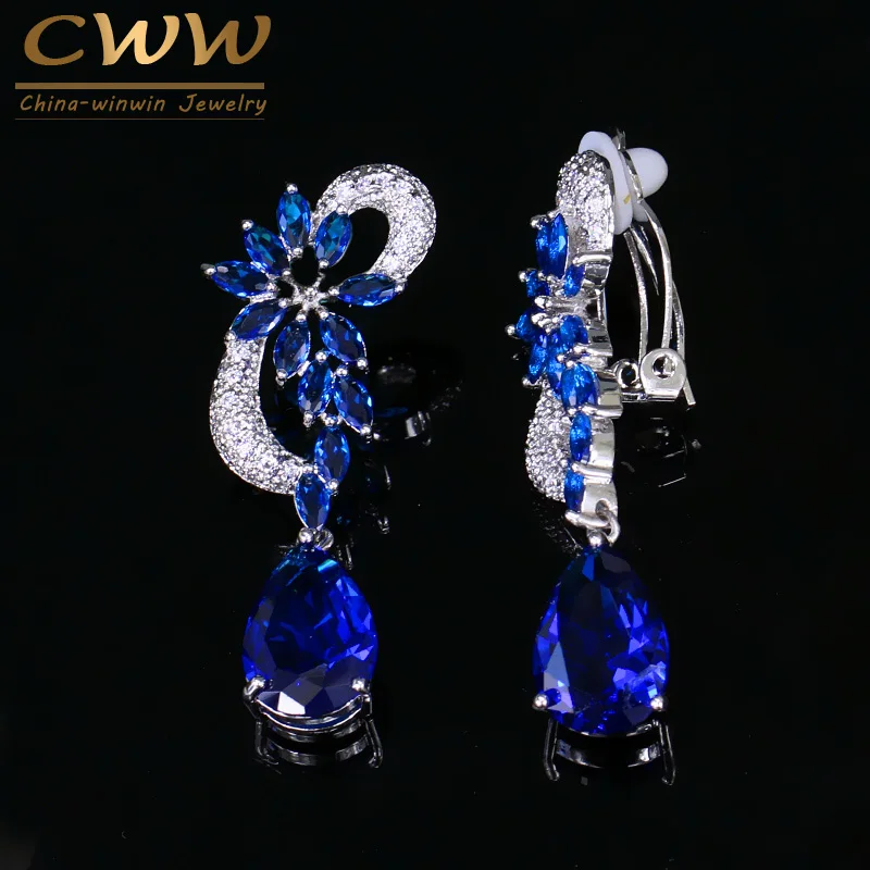 CWWZircons, модные серьги в форме капли воды, AAA, кубический цирконий, клипсы для ушей, без пирсинга, серьги для женщин, свадебные ювелирные изделия, подарок CZ018 - Окраска металла: blue