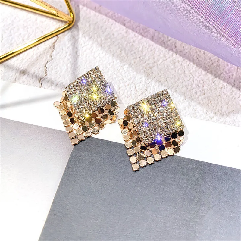 FYUAN, блестящие геометрические серьги-гвоздики для женщин и девушек,, Bijoux, золотой цвет, квадратные серьги с блестками и кристаллами, массивные ювелирные изделия, подарки