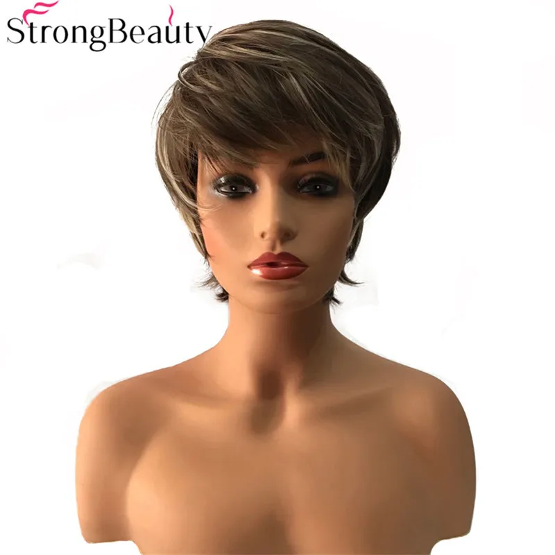 Дешево StrongBeauty короткие прямые синтетические парики вырезать пепел коричневый Отбеливатель Блондинка выделенный балаяж волос натуральный парик