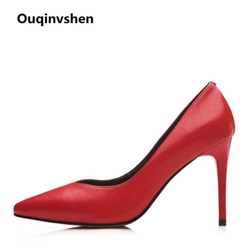 

Ouqinvshen All-match Red Shoes Women High Heel Plus Size 42 Pointed Toe Fashion Elegant Pumps Genuine Leather Spring Women Shoes
