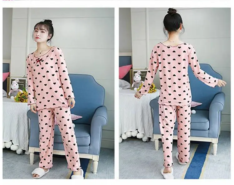 Spring Autumn Women Print Cartoon Love Long Sleeve Pajama Set Home Clothes