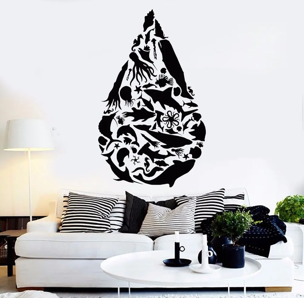 

Vinyl Wall Decal Drop Shape Ocean Sea Animals Wall Sticker Removable Fishes Octopus Art Vinyl Wall Sticker Bathroom Decor AY565