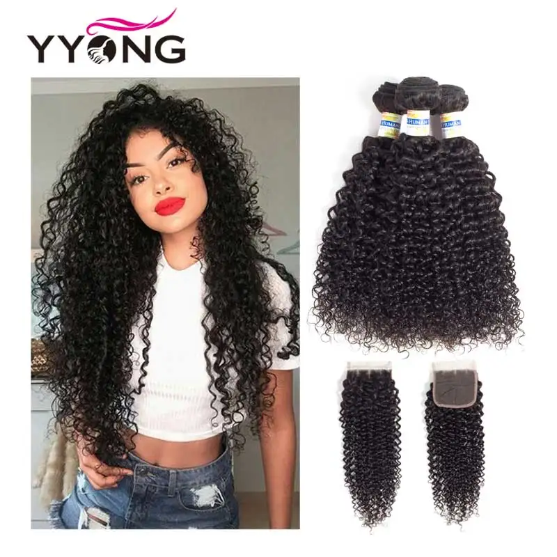 Excêntricas com Fecho de 3 Pacotes com Fecho de Cabelo Cabelo com Fechamento Yyong Humanos Brasileiros Pacotes Encaracolados Feixes Tecer com Fechamento Cabelo Vison Não Remy