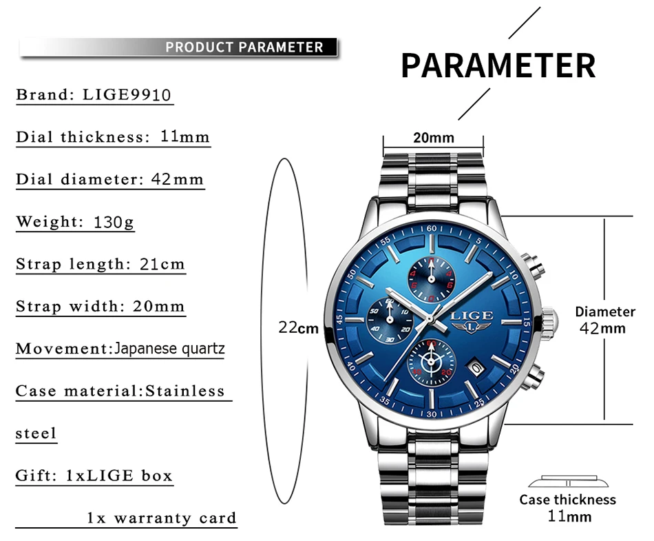 Relojes Hombre LIGE мужские часы Топ бренд класса люкс бизнес синий циферблат полностью стальные водонепроницаемые новые часы мужские спортивные кварцевые часы