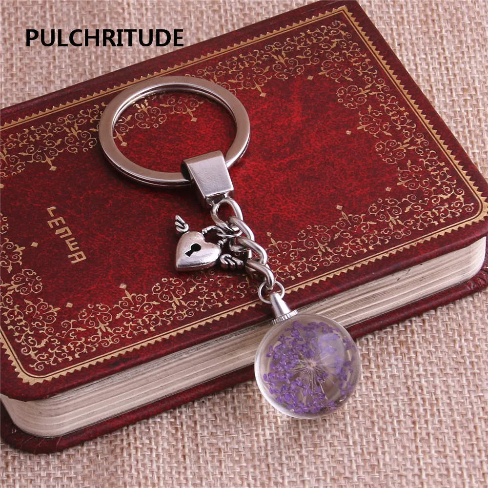 

PULCHRITUDE 2 pcs/lot Metal KeyChain Crystal Glass Ball Dried Flower Pendant Heart Wings Charm Key Ring Jewelry Diy C0523