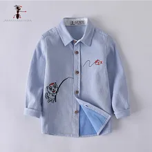 Kung Fu Ant сине-белые мальчиков Рубашки с отложным воротником длинный рукав Вышивка Кот Рыбалка мультфильм подходит верный Размеры 2924