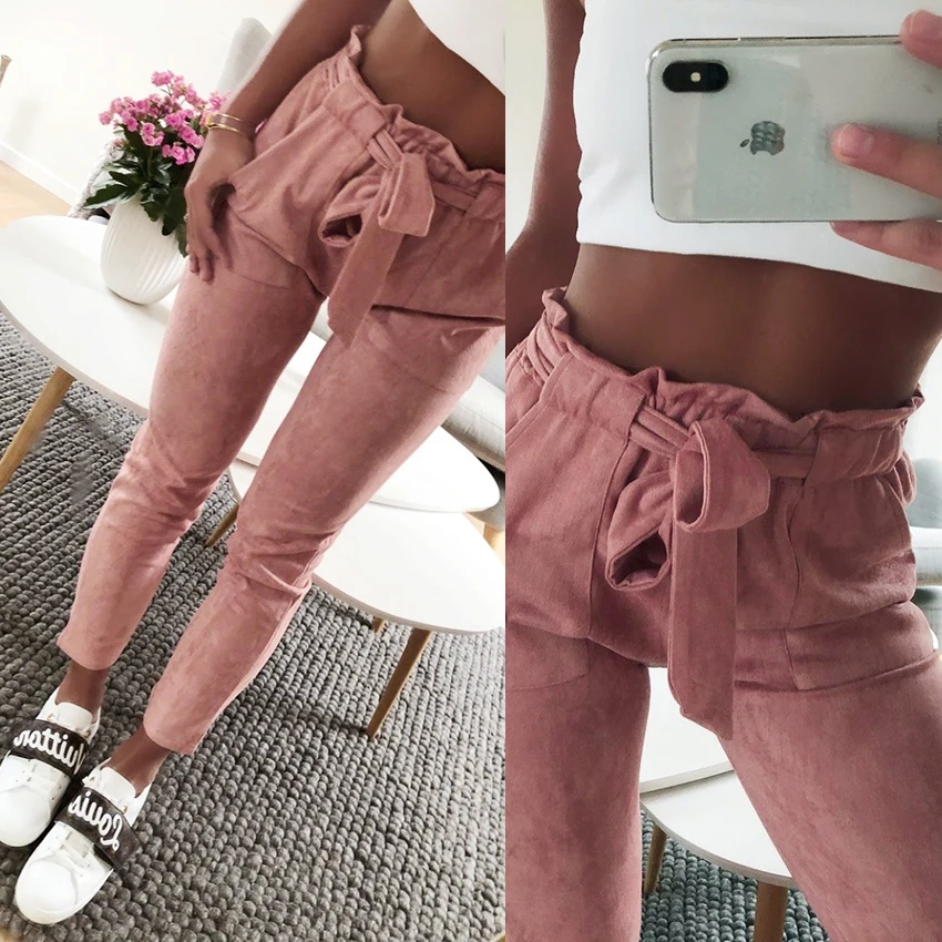 Günstig Neue stil 2019 Mode frauen wildleder hosen damen Leder böden weibliche hosen Lässig rotwein bleistift hosen hohe taille hose
