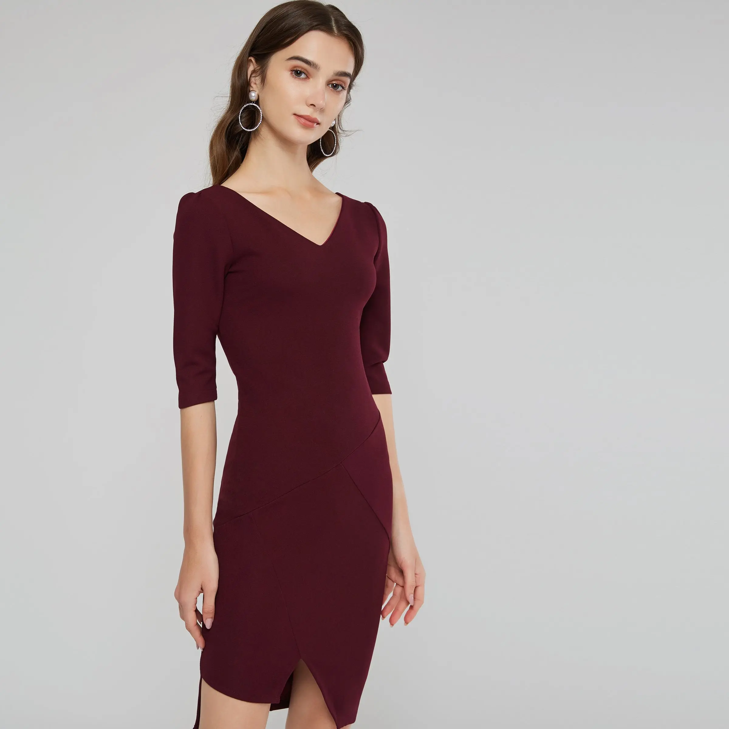 Burgundy Bodycon Dress Women Asymmetric Hem Slim Elastic Soft Office Lady Elegant Stylish Party