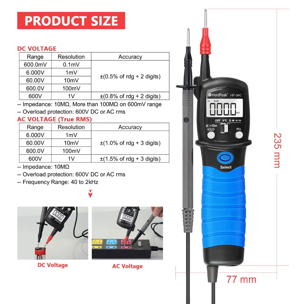 HoldPeak HP-38C цифровой автоматический диапазон Вольтметр портативный мультиметр Измерение сопротивление acvolt и диод с датой удержания