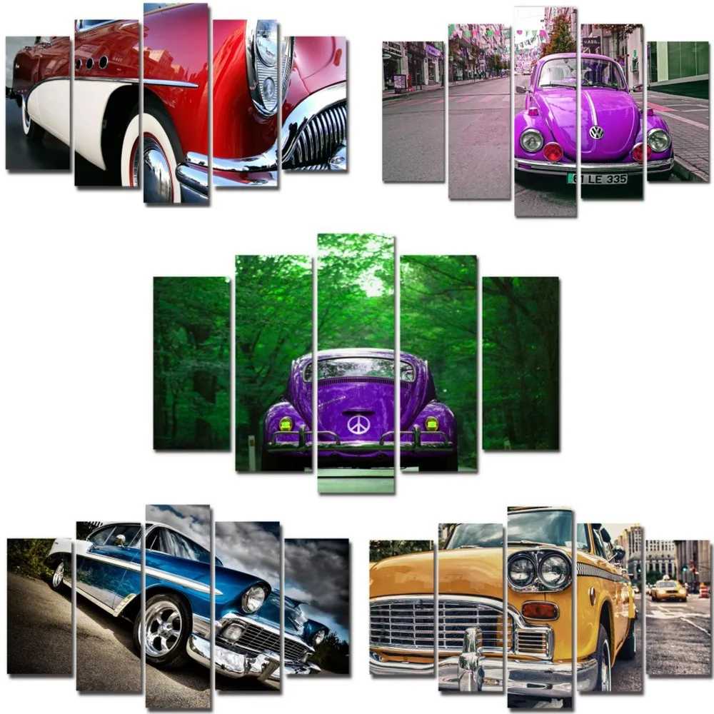 

5 pcs canvas painting colorful car old timer series with frame wall mural pictures artwork for living room decor ready to hang