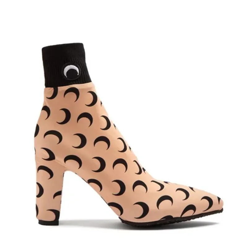 

Spring Summer Moon Sock Boots Chunky Heel Stretch Fabric High Heels Women Ankle Boots Cool Brand Design Motorcycle Boots Slim