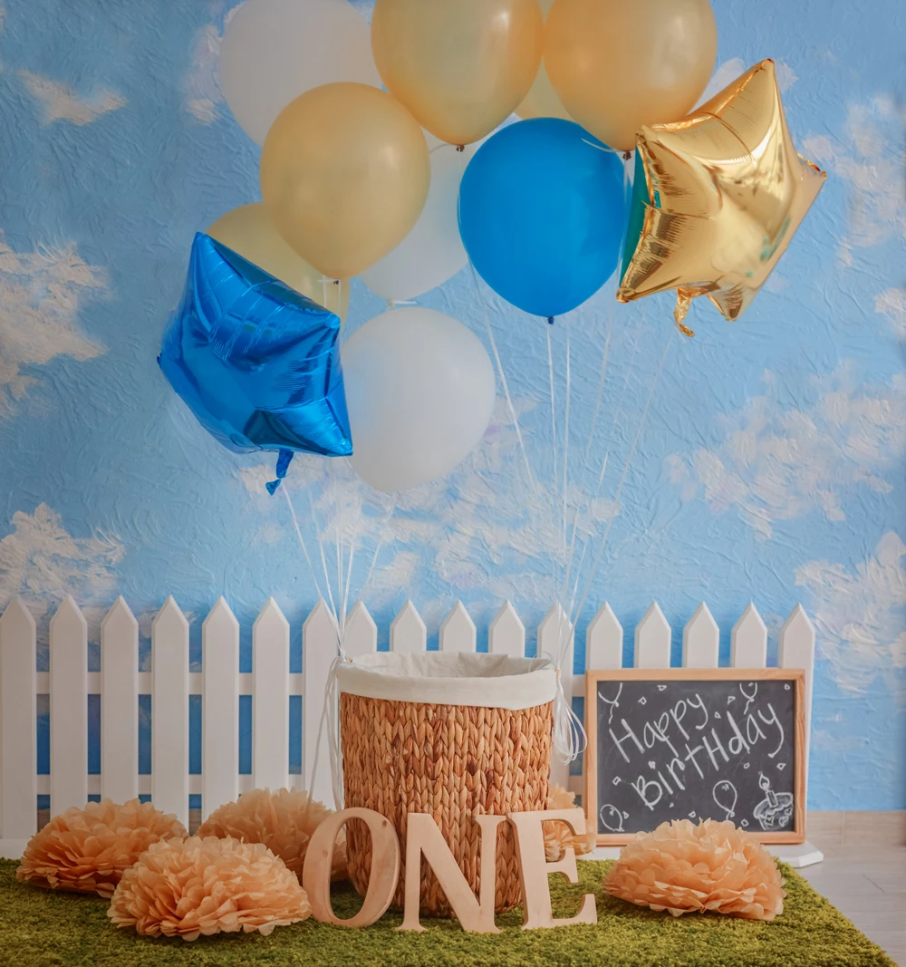 

Photo Shoot Backdrop Baby One Happy Birthday Balloon Light Blue Wall Photographic Studio Background Vinyl Cloth Green Grass