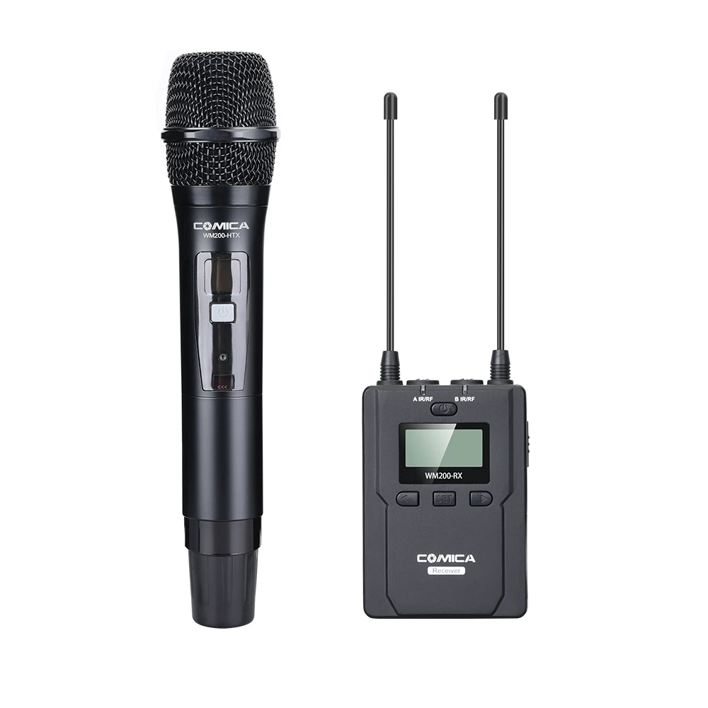

CoMica CVM-WM200D Professional Video Microphone MultiChannels UHF Wireless Mic 1 Hand-held Transmitter 1 Receiver 120M Recording