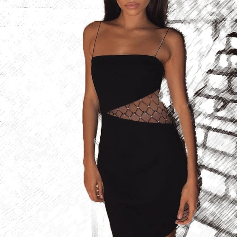 

2019 women Sexy Hollow Out Diamond Transparent Mesh Patchwork Sling Dress Sleeveless Fashion Backless Party Mini Lady Dress F4
