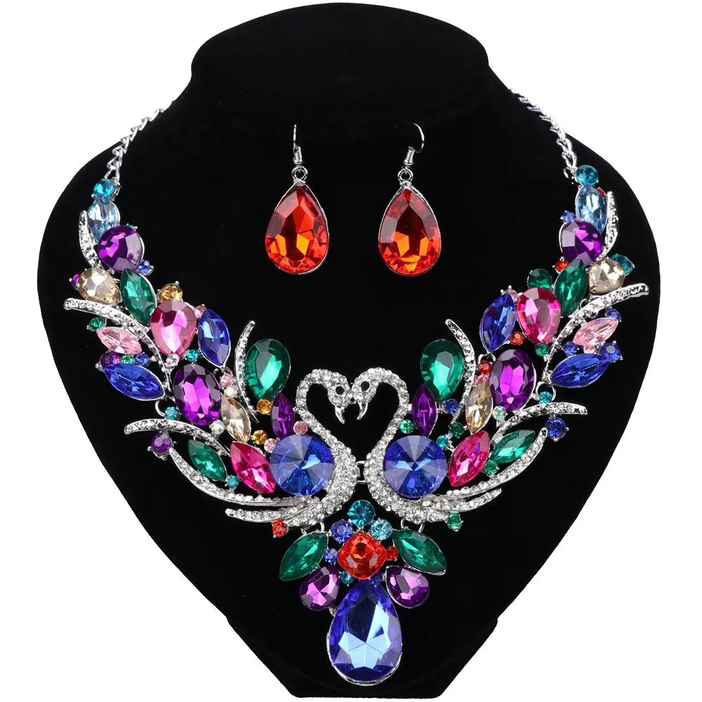 

Fashion Crystal Bridal Jewelry Sets Swan Gold Color Necklace Earring Women Gift Party Wedding Prom Necklace Earring Accessories
