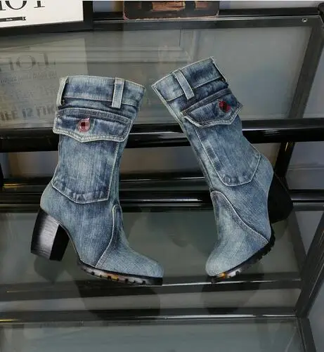 Europe 2016 new canvas shoes autumn and winter high-heeled boots rough with women's denim boots Martin boots blue Plus Size 42 Europe 2016 new canvas shoes autumn and winter high-heeled boots rough with women's denim boots Martin boots blue Plus Size 42