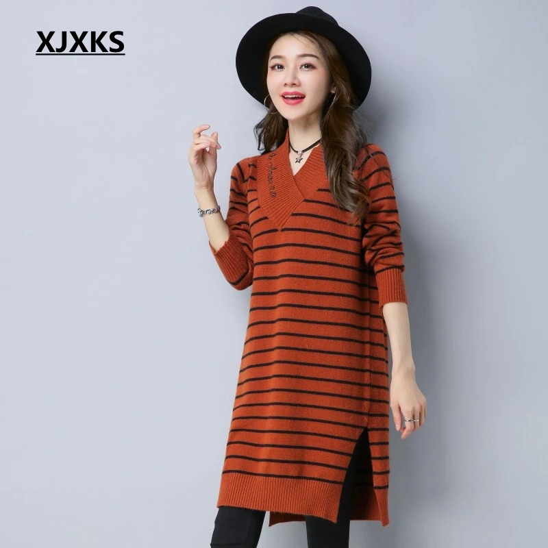 

XJXKS 2019 new selling harajuku v-neck ladies women pullover sweater dress wool and cashmere high-end women long sweater