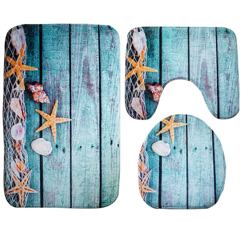 

3pcs/set Bathroom Non-Slip Blue Ocean Style Pedestal Rug + Lid Toilet Cover + Bath Mat Nov 27 Dropship