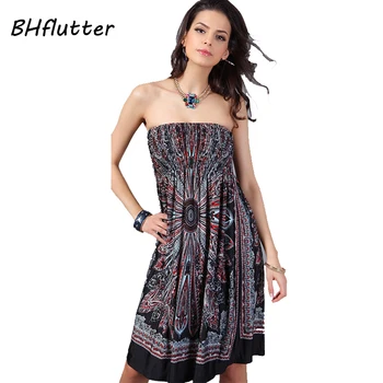 

BHflutter Dress 2018 Women New Fashion Off Shoulder Sexy Strapless Beach Dress Boho Style Ice Silk Casual Print Summer Dresses