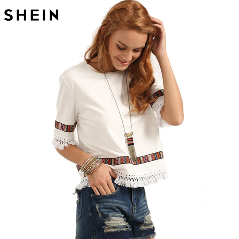 Skup Beżowy Rocznika Haftowane Fringe SHEIN Bluzki Lato Kobiet Dorywczo Topy Wok oacute;ł Szyi Połowa Rękawem Patchwork Bluzka
