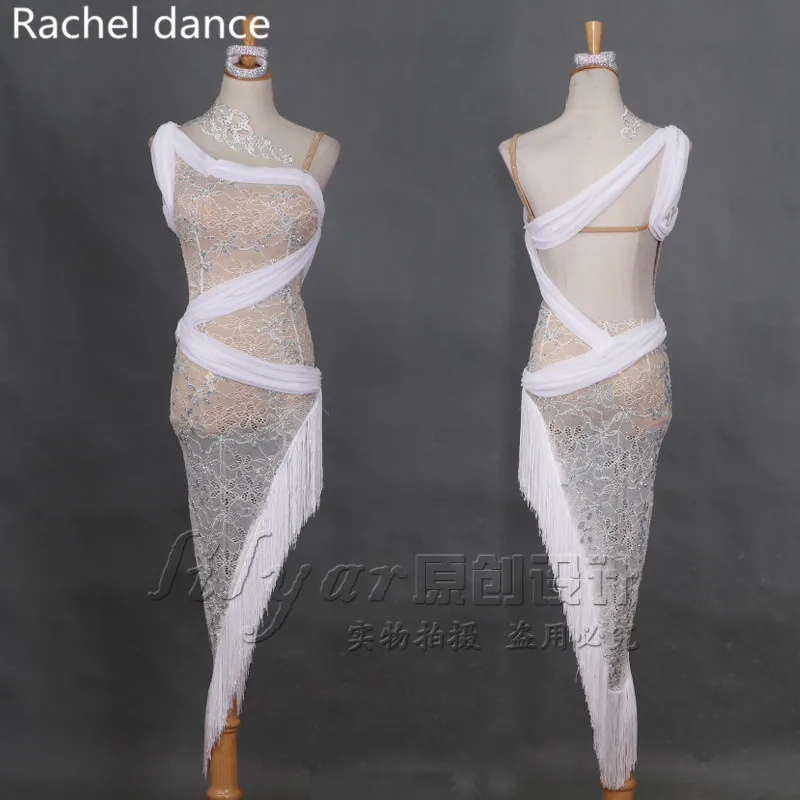 

2017 Latin Dance Dress Women Harness Fringe Back Opening Irregular Salsa Tango Rumba Flamengo Latin Dance Competition Costumes
