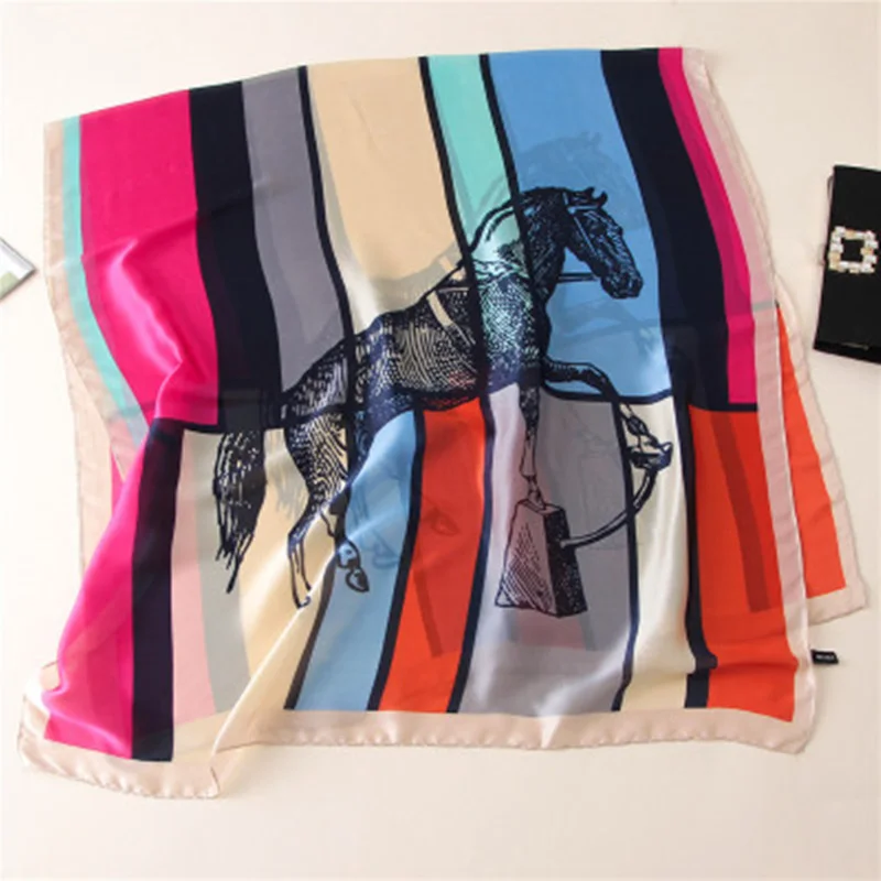 Новинка, женский шарф, Летний Шелковый шарф с лошадью, весенний и осенний, негабаритный, шаль в европейском и американском стиле, пляжное полотенце