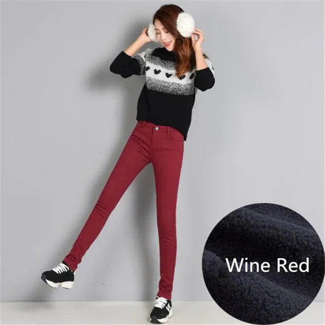 Зимние теплые джинсовые штаны для женщин, одноцветные обтягивающие джинсовые узкие брюки конфетных цветов размера плюс, утепленные флисовые джинсы P9113 - Цвет: wine red