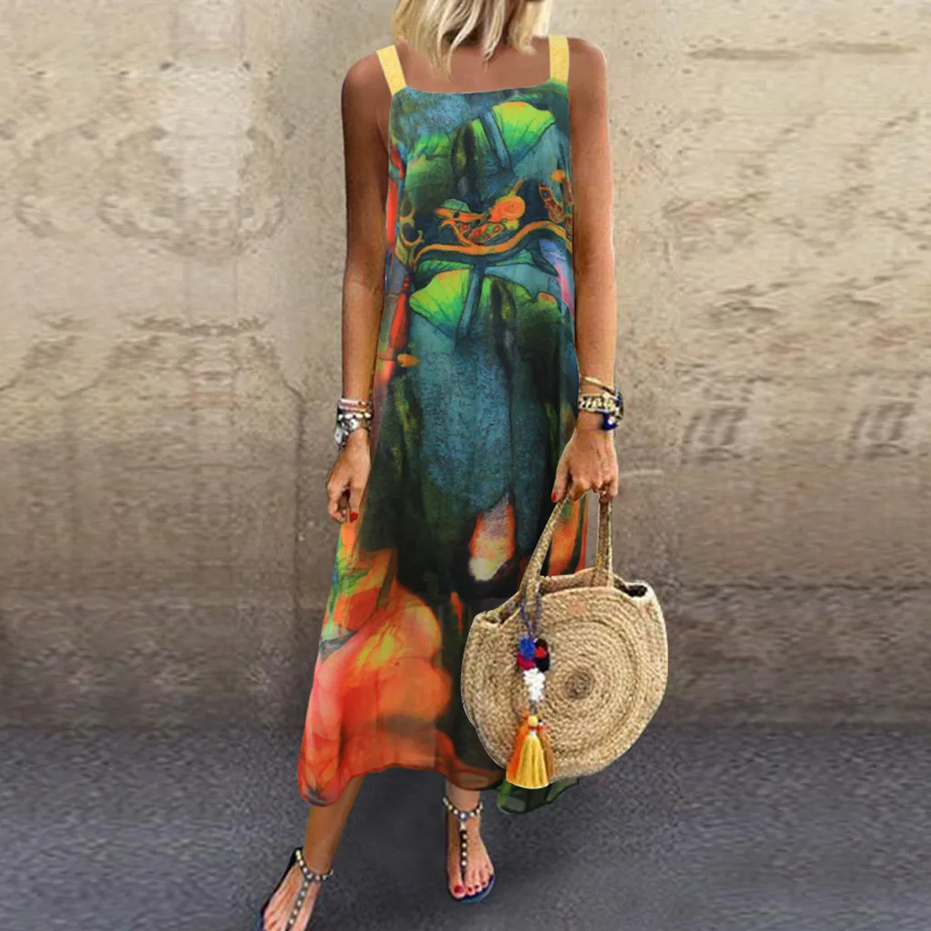 

Dresses Women Plus Size Summer Boho O-Neck Floral Print Long Maxi Dress robe Female Vintage Sleeveless Long Dress Vestido #3