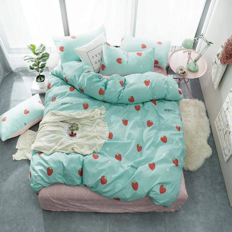 

Cute Strawberry Girls bed linen set blue pink princess bedding sets full queen king size bedskirt+pillowcase+duvet cover set