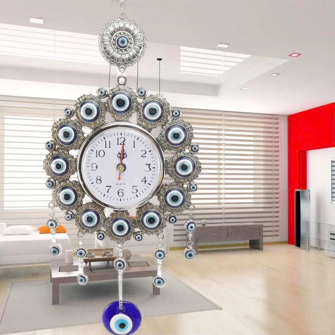 JX-LCLYL 33cm Turkish Nazar Glass Evil Eye Wall Clock Hanging Charm &Home Decor