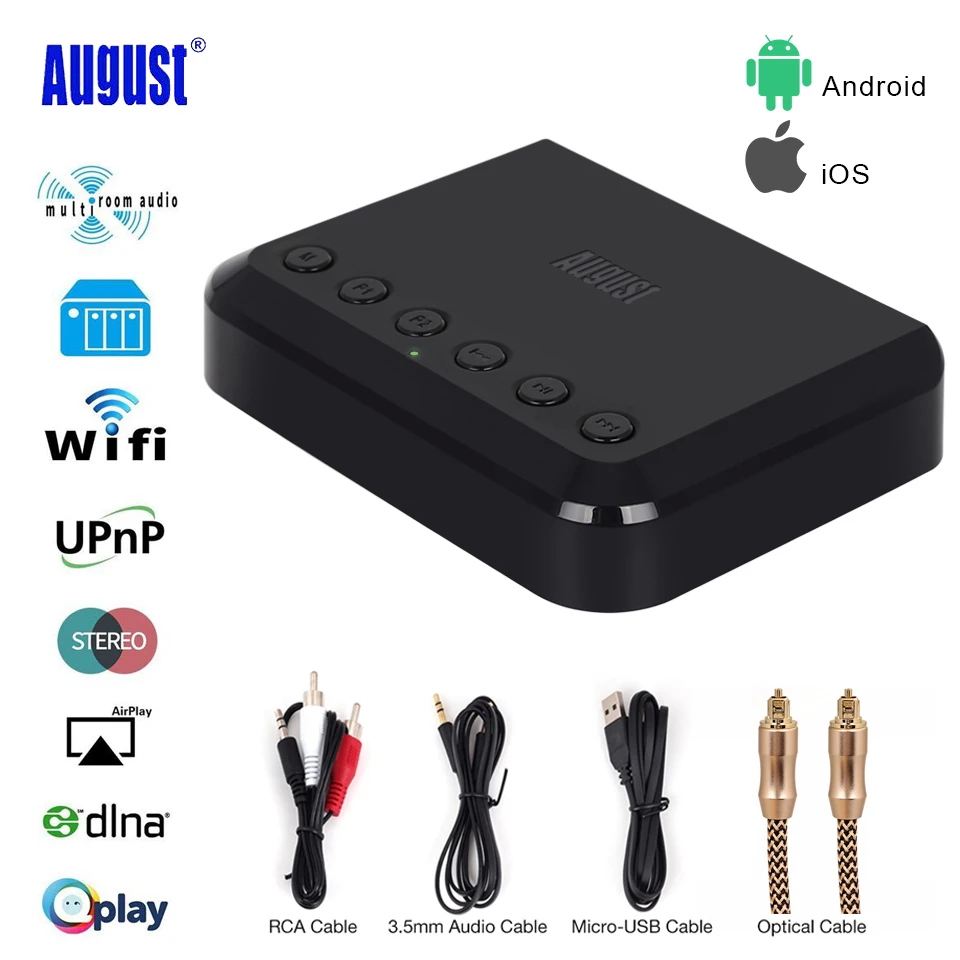 

August WR320 Wireless WIFI Spotify Airplay Receiver for Wired Speakers Multi-room WIFI Music Receiver Adapter with Optical Cable